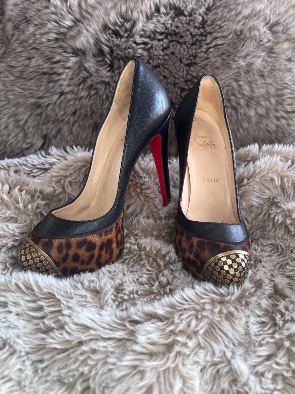 Christian Louboutin Black Leopard Gold Cap Toe Heels – Size 38 / US 8 – 5.25"+